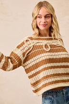 BiBi Womens Brown Striped Open Knit Sweater Top with Front Braided Detail 86a372380d87400b8f0d824386269e88-Max-Origin Trendsi