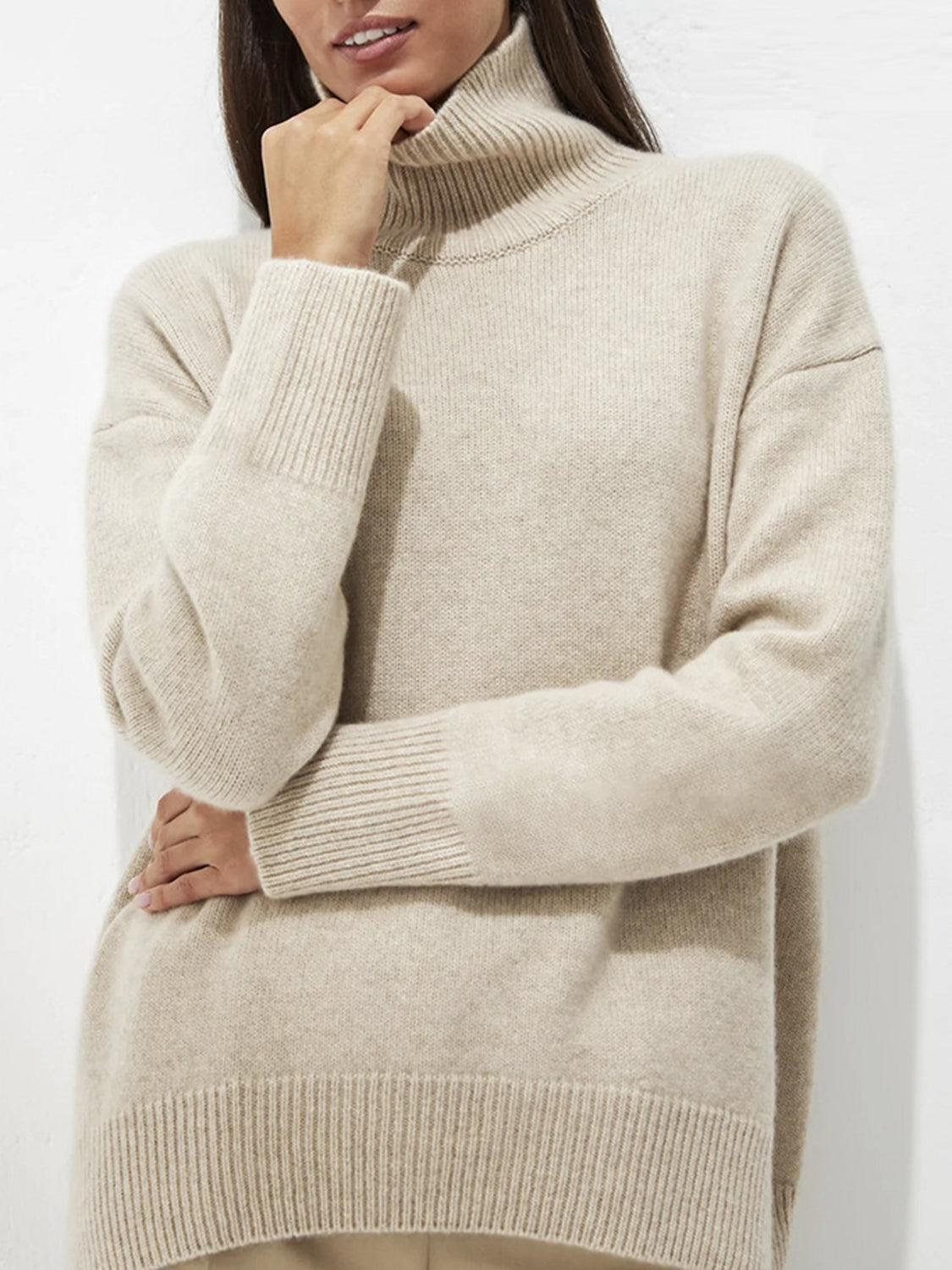 Ribbed Women Sweater Turtleneck Long Sleeve Soft Acrylic Loose Basic Pullover