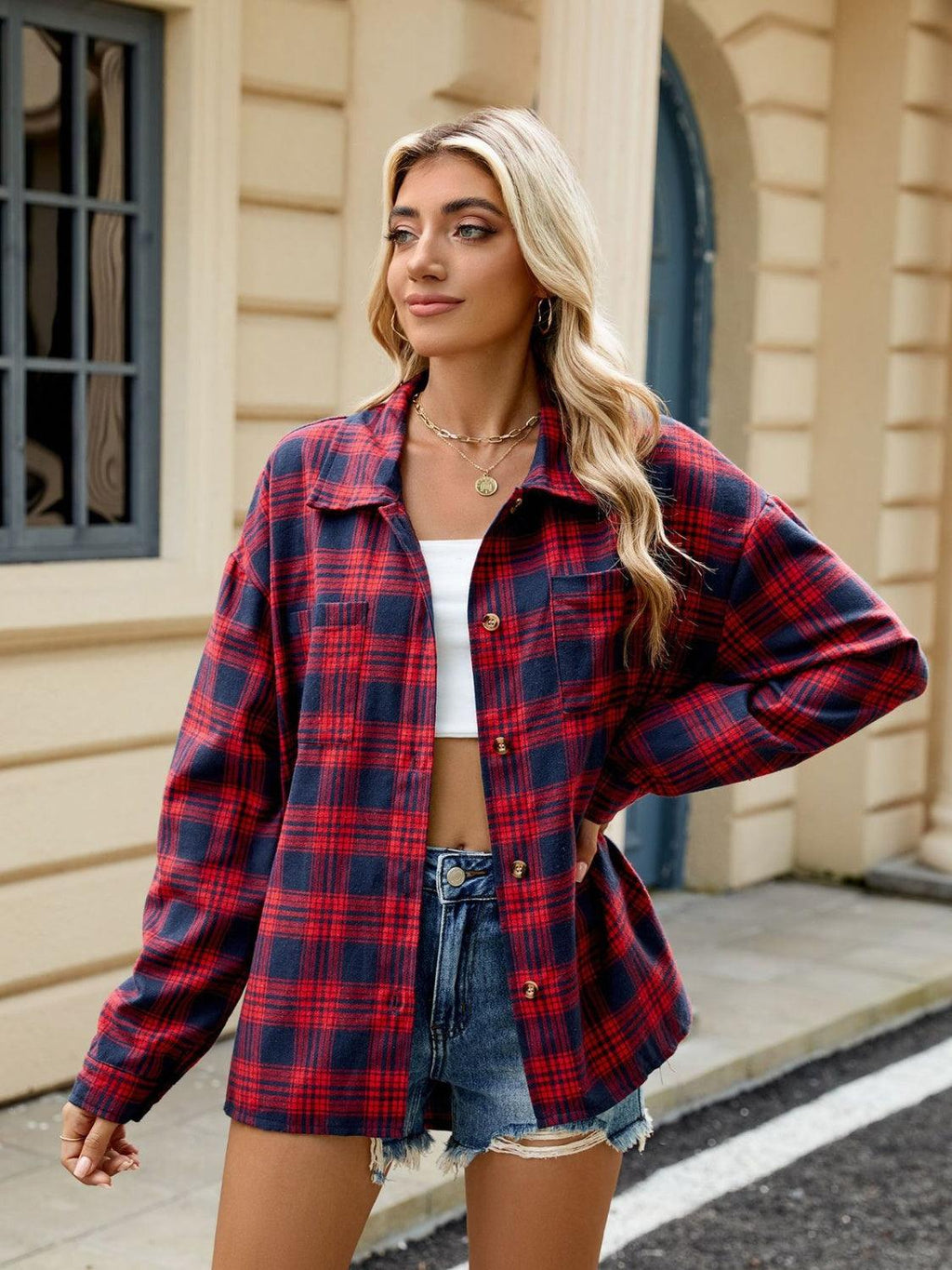 Plaid Shirt Collared Neck Long Sleeve Patch Pockets 86afb0ce-e021-458d-a37c-9383a2467f96-Max Trendsi