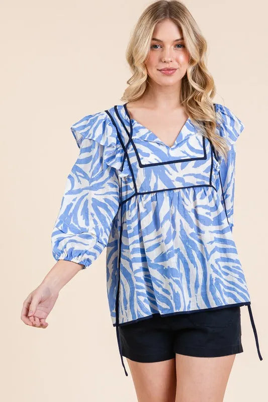 Lime 'N' Chili Blouse Blue Graphic Print Solid Trim Quarter Sleeve Tiered BLUE 86b4930b868745789ba69d34fae62ba4-Max-Origin Trendsi