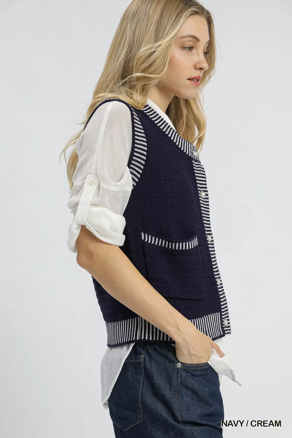 Umgee Womens Sweater Vest Navy Cream Contrast Striped Trim Knit Top 86b971de-e032-45c5-859f-002da7b75927-Max-Origin Trendsi