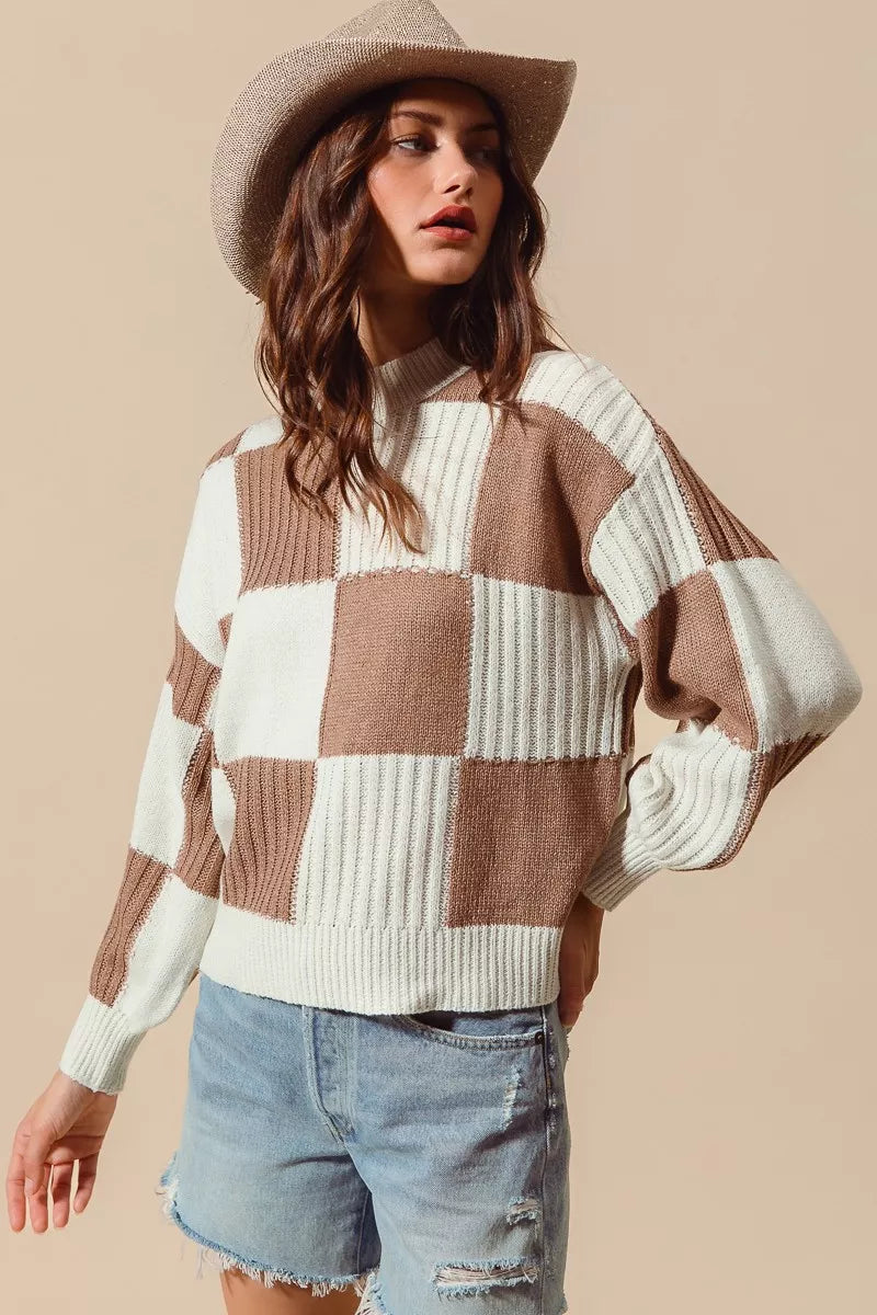 SO ME Ribbed Color Block Checkered Plaid Sweater 86bc588fa92c4ef58f73698c582fba01-Max-Origin Trendsi