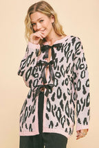 Davi & Dani Leopard Cardigan Ribbon Tie Front Loose Fit Cotton Blend Sweater 86c34a2c-b445-4478-87a8-9c4d8fa3d2fe-Max Trendsi