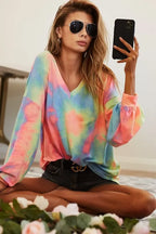 BiBi Tie Dye Womens Blouse Pastel French Terry V Neck Top Long Sleeve 86cf7a9fd84d49b4a92ff980b8a58649-Max-Origin Trendsi