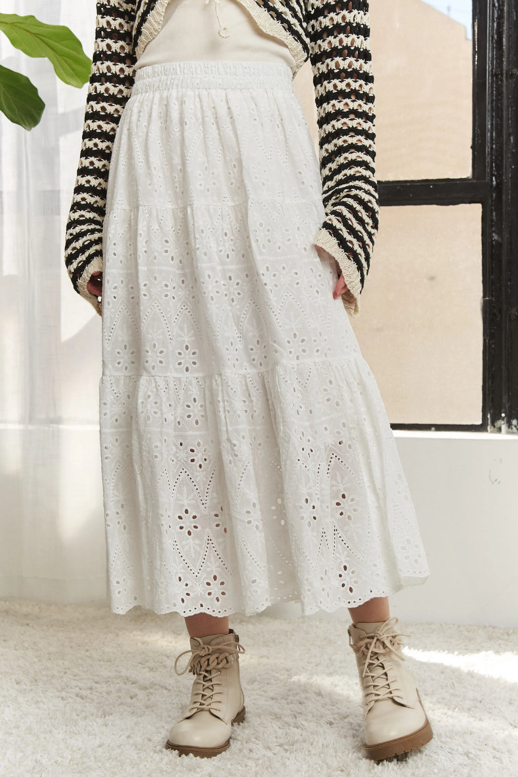 ADORA Midi Skirt White Chrochet Eyelet Elastic Waistband Tiered