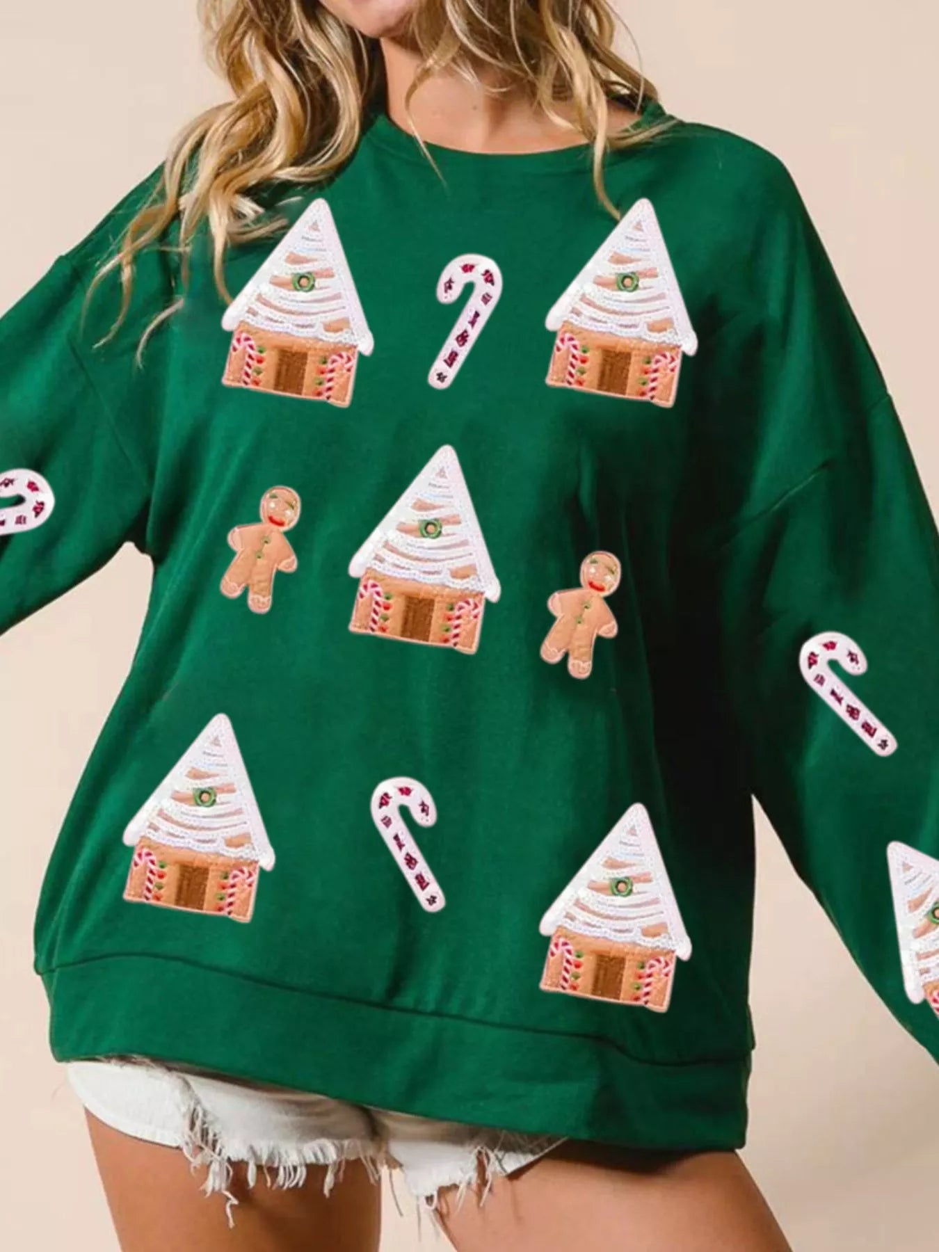 Christmas Women's Sweatshirt Gingerbread House Sequin Pullover Green 86d2b814-ce5d-4d27-8847-958468101c05-Max-Origin Trendsi