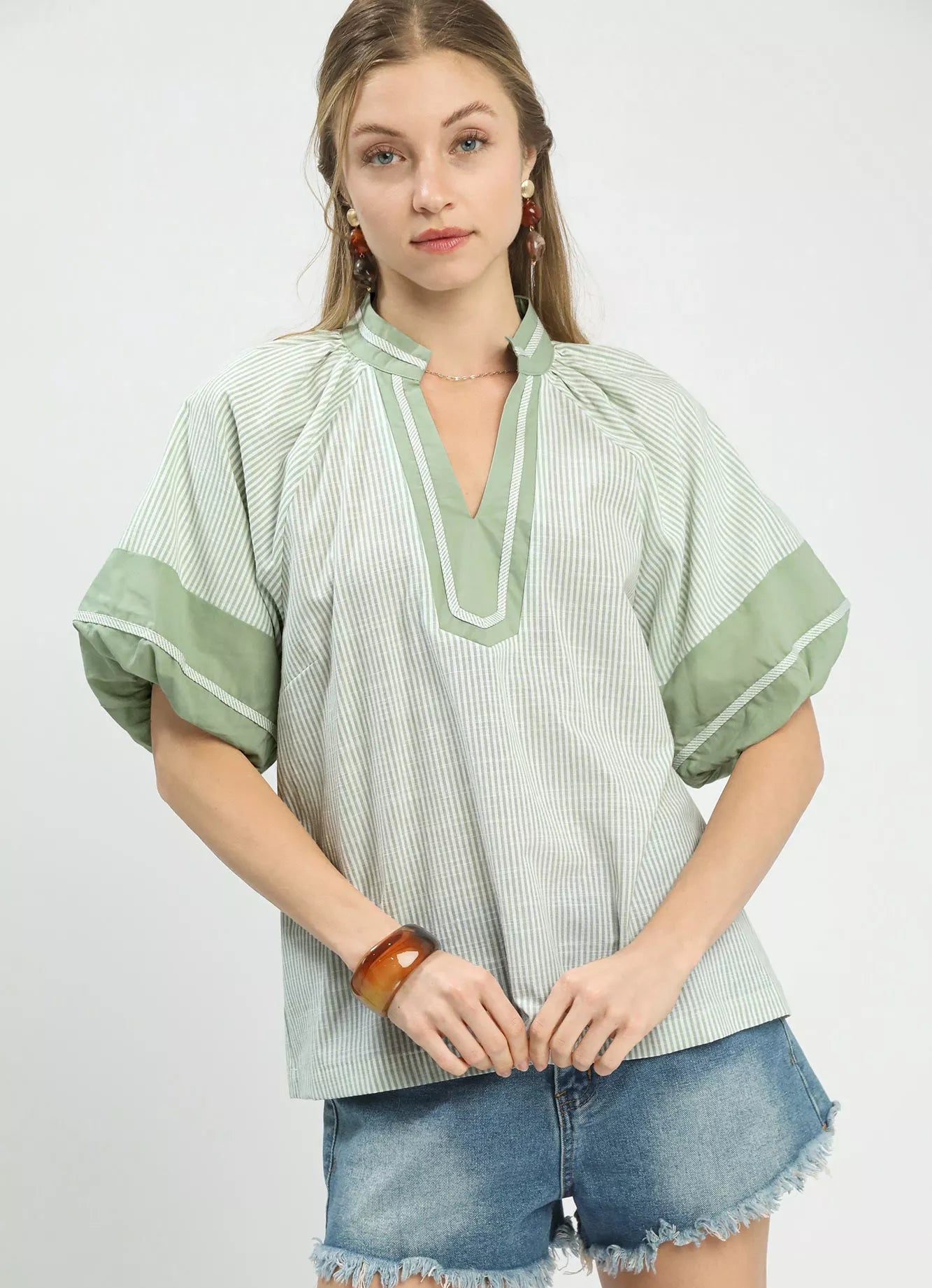 Umgee Blouse Striped Sage Green Mixed Puff Short Sleeve Top SAGE 86d52380-af7a-4061-8af2-004fe21f117c-Max-Origin Trendsi