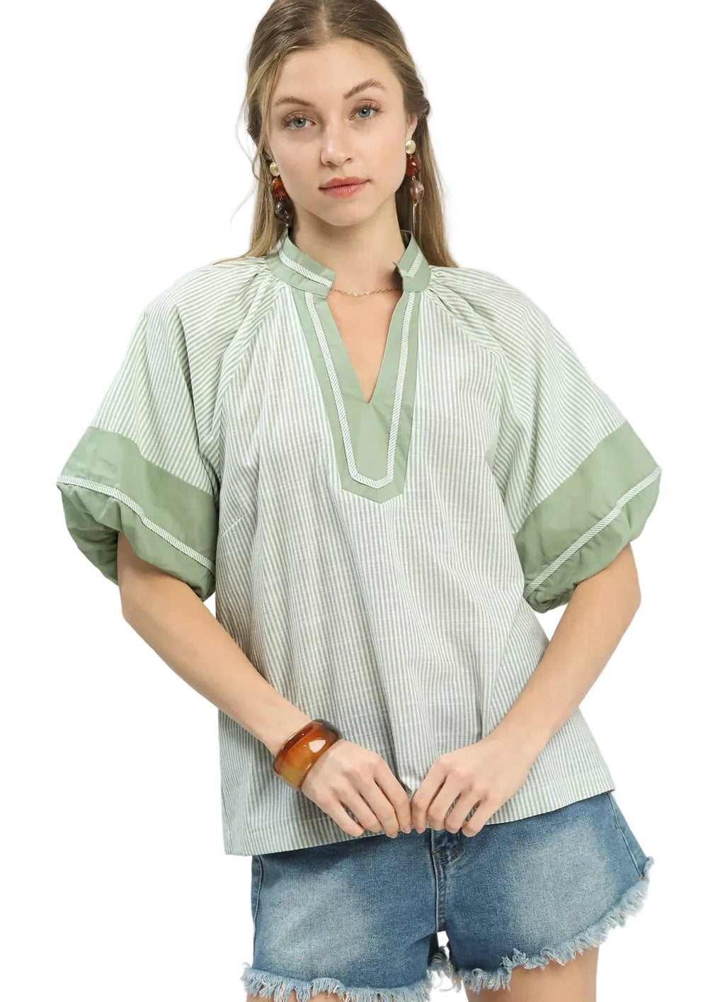 Umgee Blouse Striped Sage Green Mixed Puff Short Sleeve Top SAGE 86d52380-af7a-4061-8af2-004fe21f117c-Max-Origin Trendsi