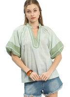 Umgee Blouse Striped Sage Green Mixed Puff Short Sleeve Top SAGE 86d52380-af7a-4061-8af2-004fe21f117c-Max-Origin Trendsi