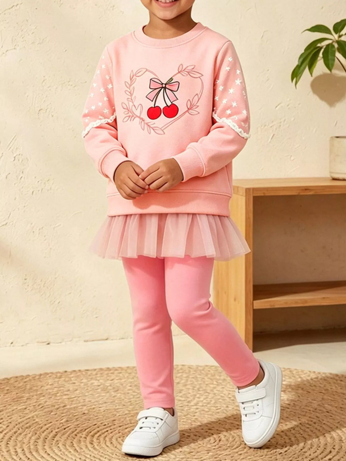 Drei-Viertel-Aufnahme: Mädchen in rosa Baumwoll-Spandex-Leggings mit roten Kirschen