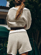 Sweater Set Women's Collared Neck Contrast Striped Top and Shorts 2 Pcs 86d98ea8-b22d-47b8-b661-8c128819372b-Max-Origin Trendsi