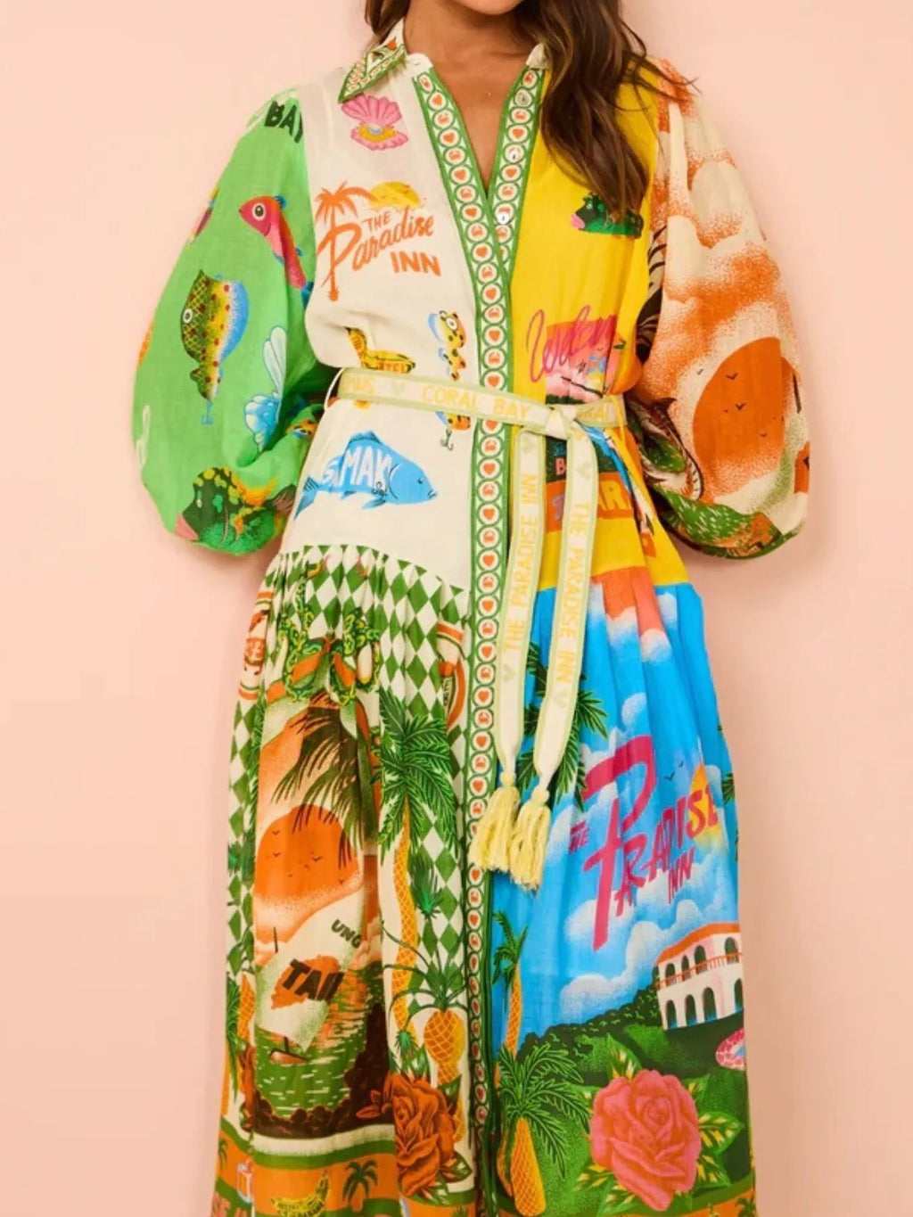 Midi Shirt Dress Multicolor Tropical Printed Lantern Long Sleeve Belted 86dceaf4-c6c1-4505-93f5-cee39290cc26-Max-Origin Trendsi