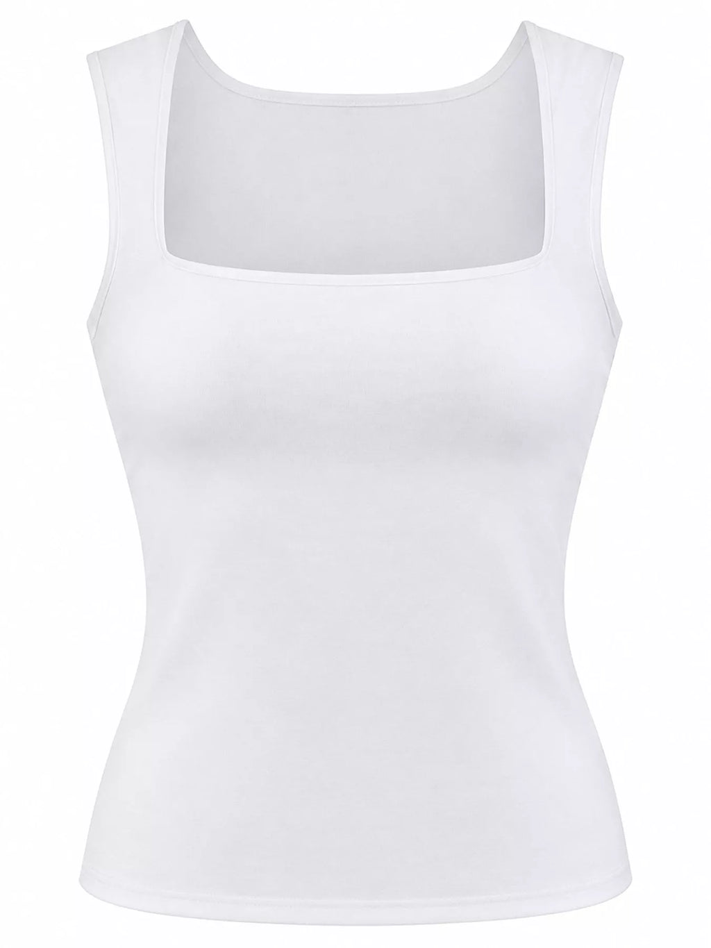 Tank cuello cuadrado blanco en maniquí fantasma mostrando tirantes anchos y dobladillo limpio