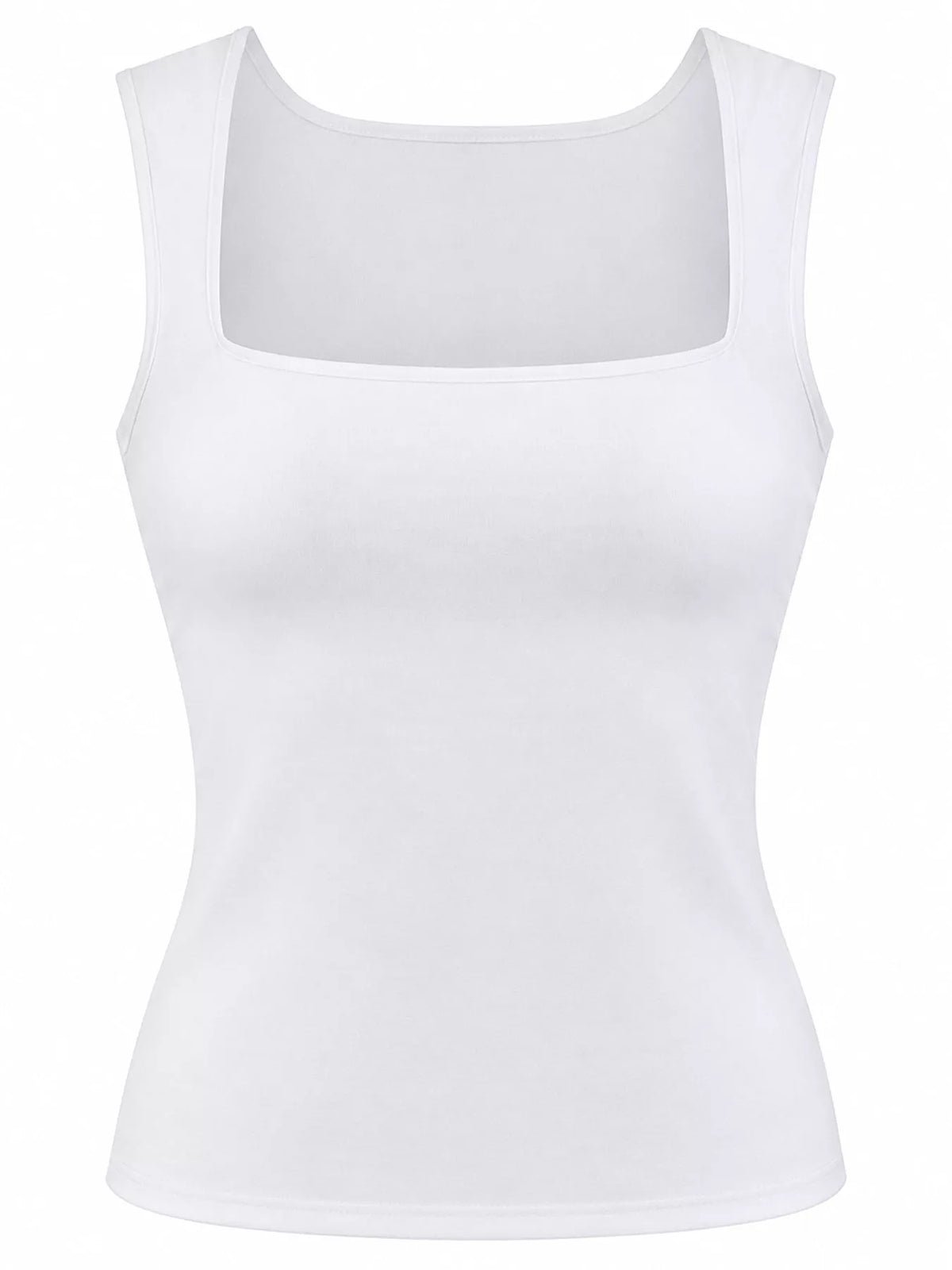 Tank cuello cuadrado blanco en maniquí fantasma mostrando tirantes anchos y dobladillo limpio