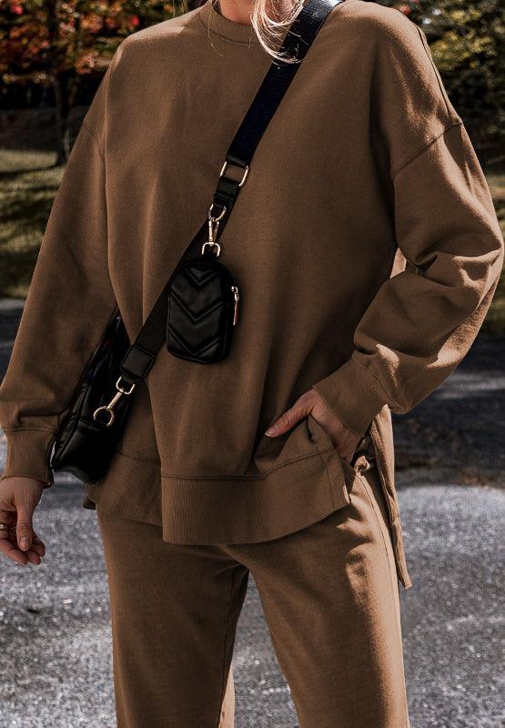 Outfit Set Side Slit Round Neck Long Sleeve Top and Pants Set Coffee Brown 86e53ba9-c398-48af-bd6a-ca20c49c6c3f-Max Trendsi