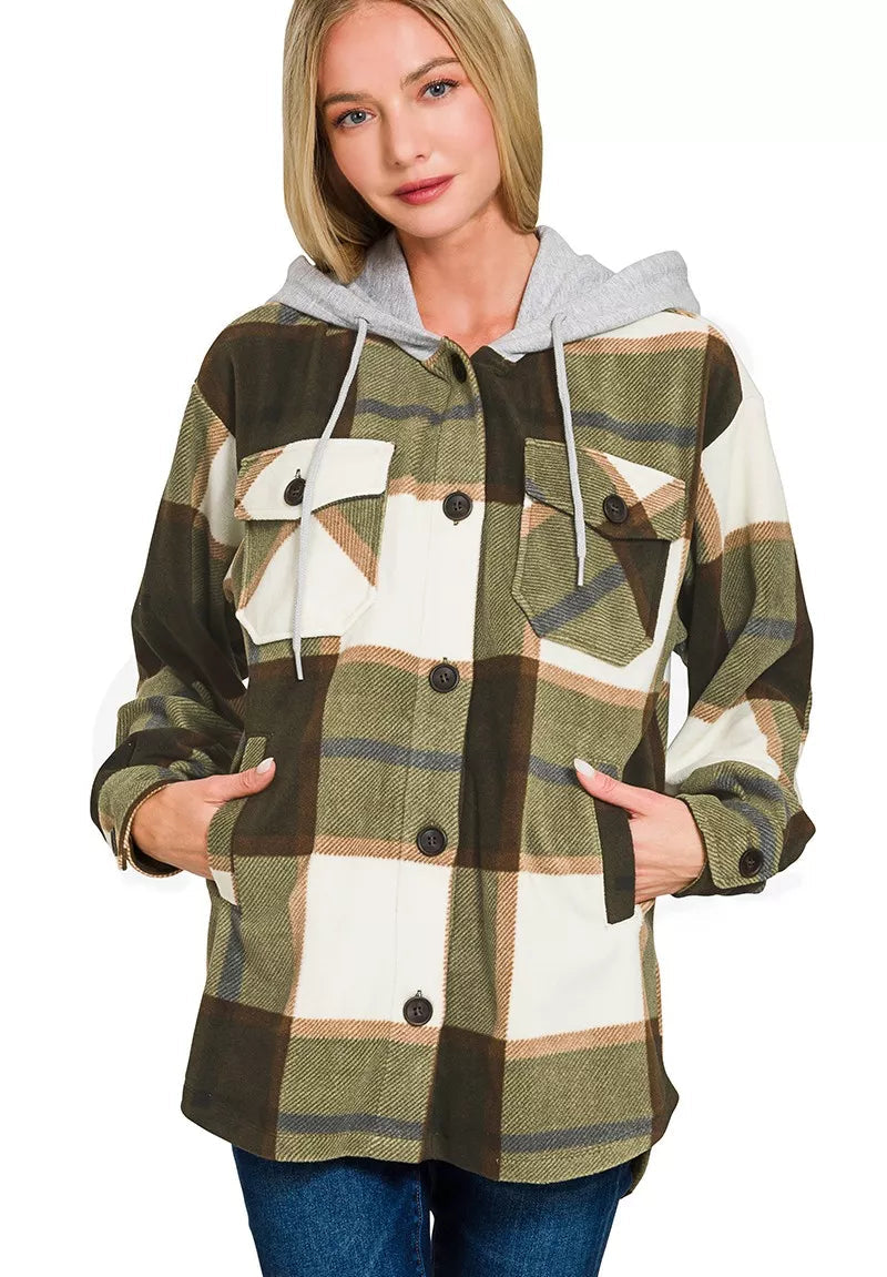 Zenana Plaid Drawstring Hooded Fleece Shacket