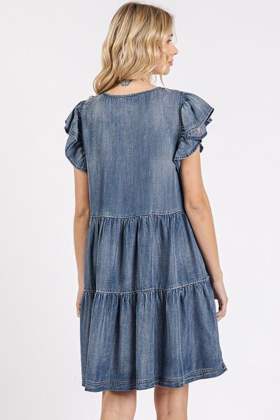 Mittoshop Denim Mini Dress V-Neck Ruffled Cap Short Sleeve 86ea4831-c530-4478-8459-9db8b21402ba-Min Trendsi