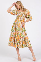 Mittoshop Midi Dress Orange Flower Print Puff Sleeve Ruffle Smocked 86ee58bdeafa4340a095bb1d223a32b0-Max-Origin Trendsi