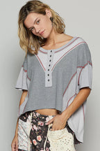 POL Womens T-shirt Gray Short Sleeve Contrast Stitch Top with Back Strap 86f417f8-3bd2-4404-b5b9-ee7cdbeb40f3-Max-Origin Trendsi