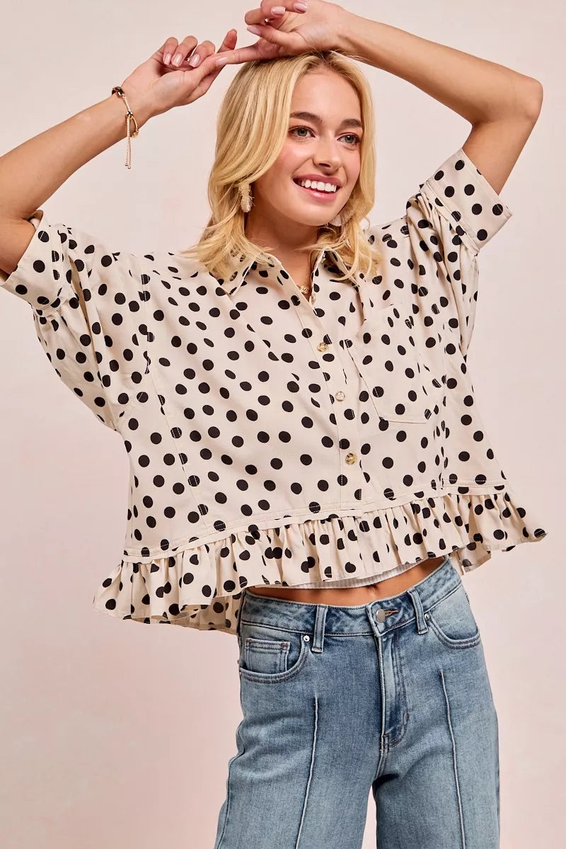 BiBi Womens Blouse Off White Black Polka Dot Peplum Top with Front Button 86f517acb880440586a323074b74fbd6-Max-Origin Trendsi