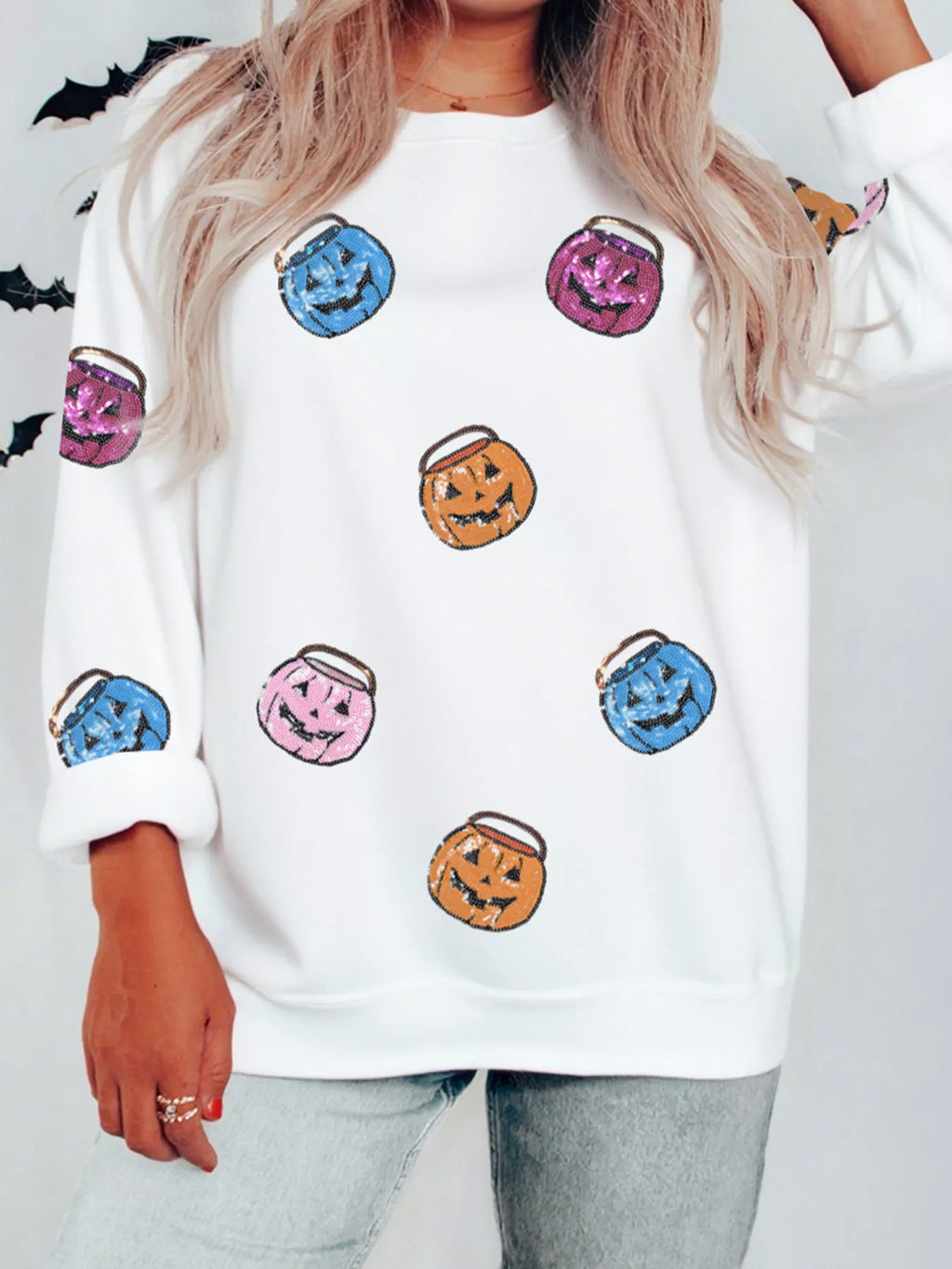 Halloween Pumpkin Women's Sweatshirt White Lantern Sequin Patched Long Sleeve 86fbbb9afd784b0d97e147f1a01b015a-Max-Origin Trendsi
