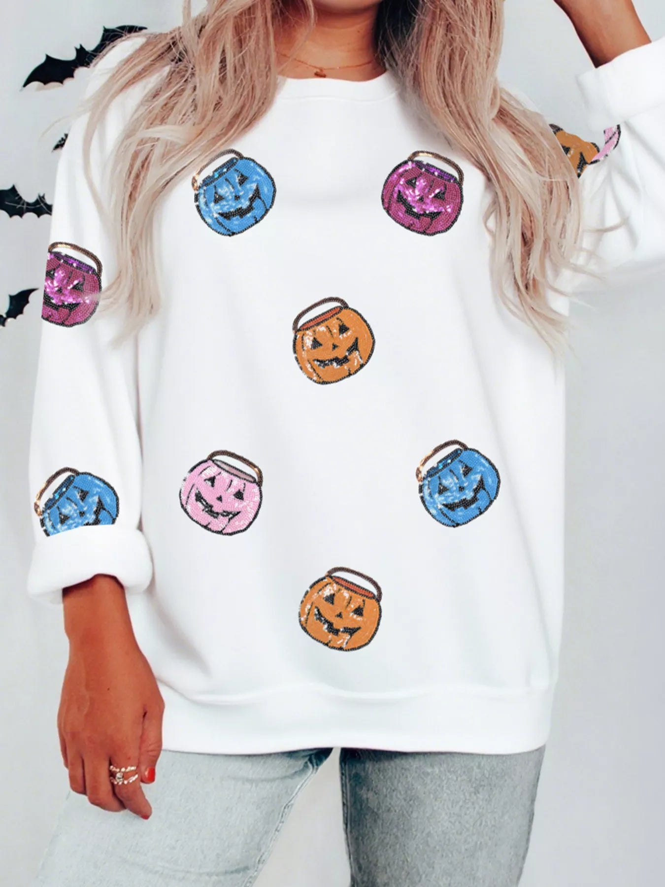 Halloween Pumpkin Women's Sweatshirt White Lantern Sequin Patched Long Sleeve 86fbbb9afd784b0d97e147f1a01b015a-Max-Origin Trendsi