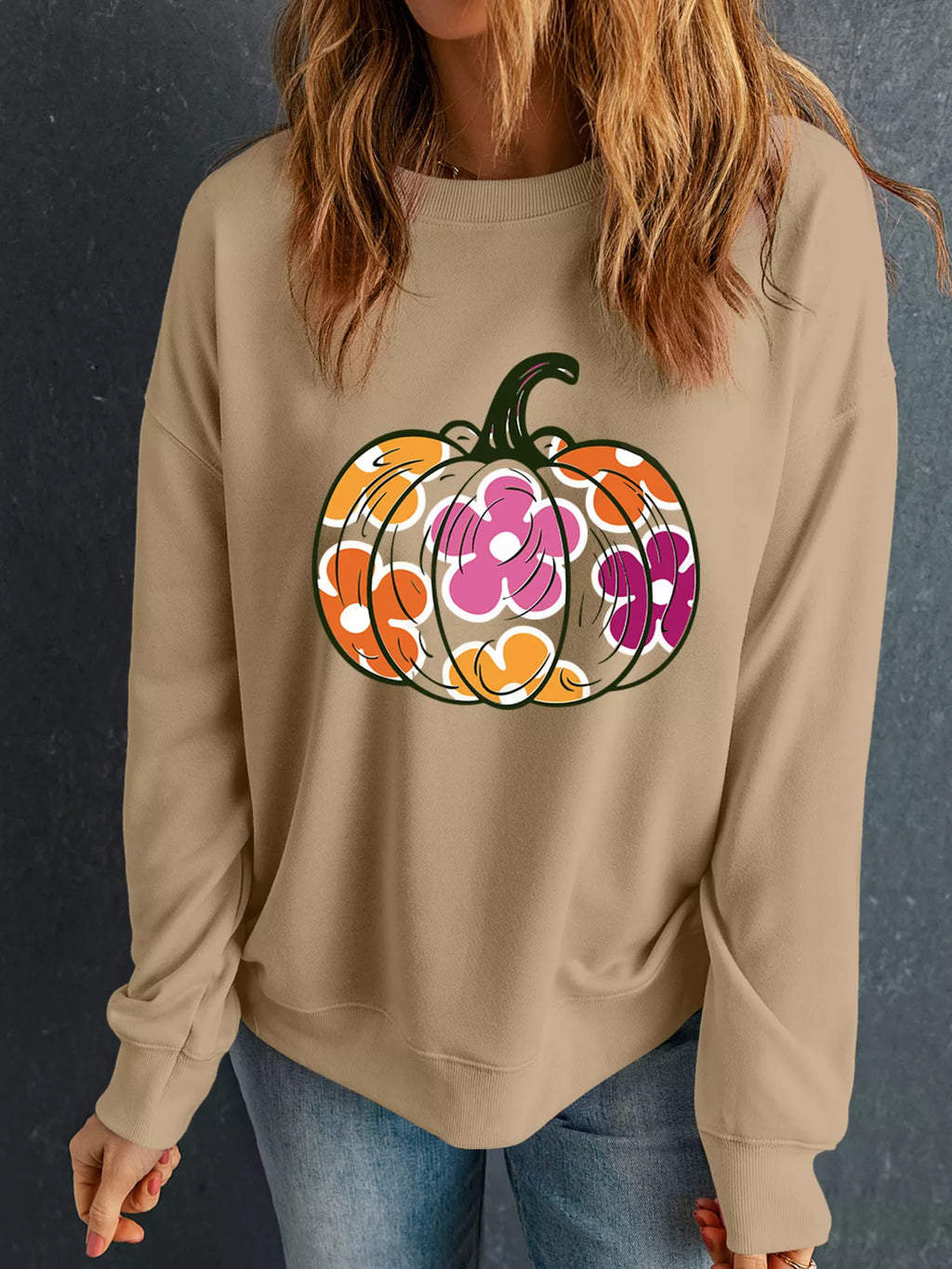 Halloween Women's Sweatshirt Kahki Floral Pumpkin Graphic Drop Shoulder Top 86fd89c917d54efe81a6dd9a0743c703-Max-Origin Trendsi