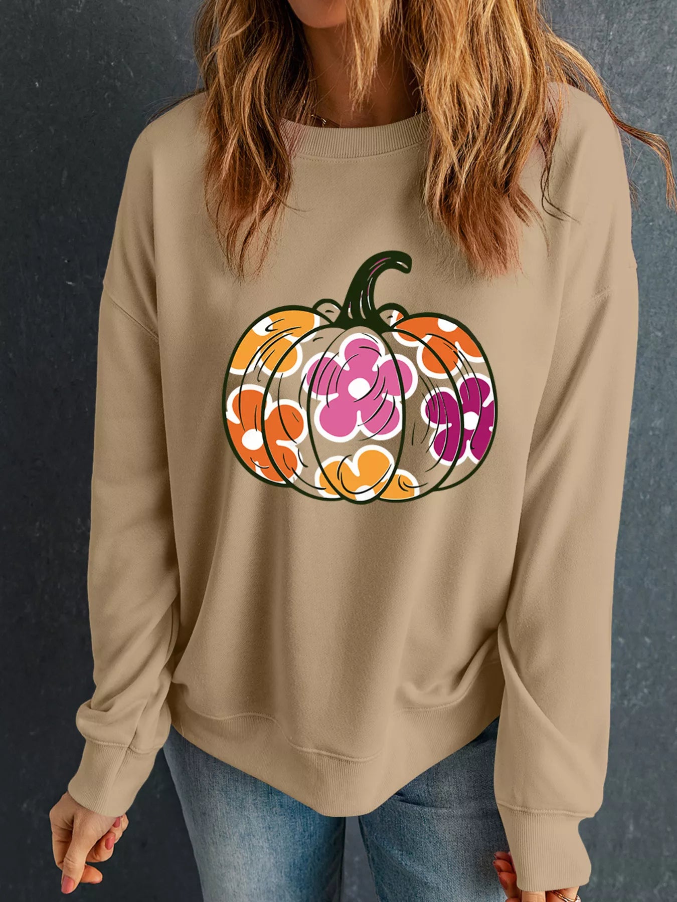 Halloween Women's Sweatshirt Kahki Floral Pumpkin Graphic Drop Shoulder Top 86fd89c917d54efe81a6dd9a0743c703-Max-Origin Trendsi