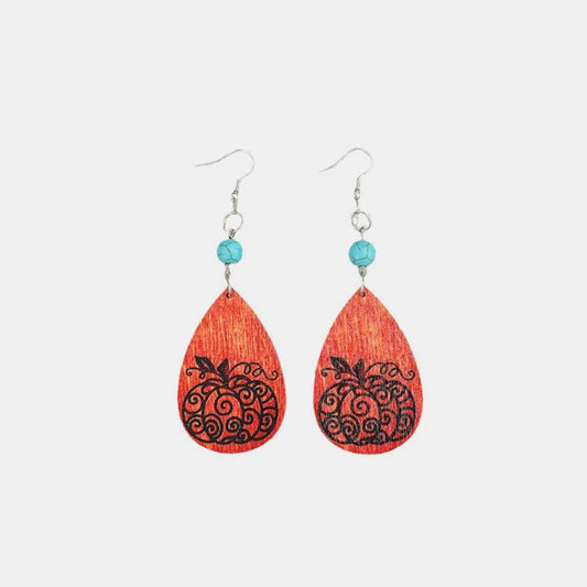 Turquoise Wooden Pumpkin Teardrop Earrings Halloween Jewelry