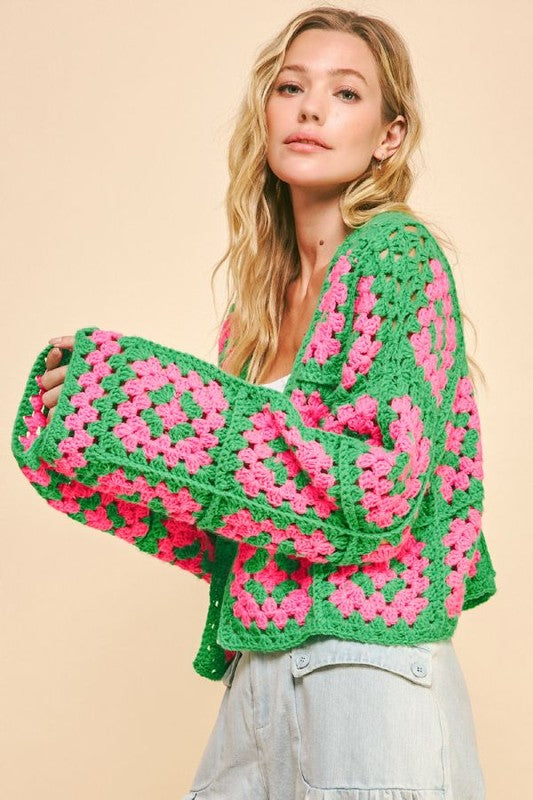 Davi & Dani USA Cardigan Floral Two-Tone Pink Green Flower Square Crochet Knit