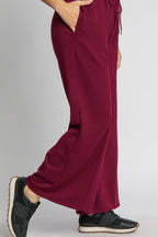 Umgee Merlot Wide Leg Women Pants Drawstring Waist with Pockets 8702f039-de31-4341-a258-899ca21cee17-Max Trendsi