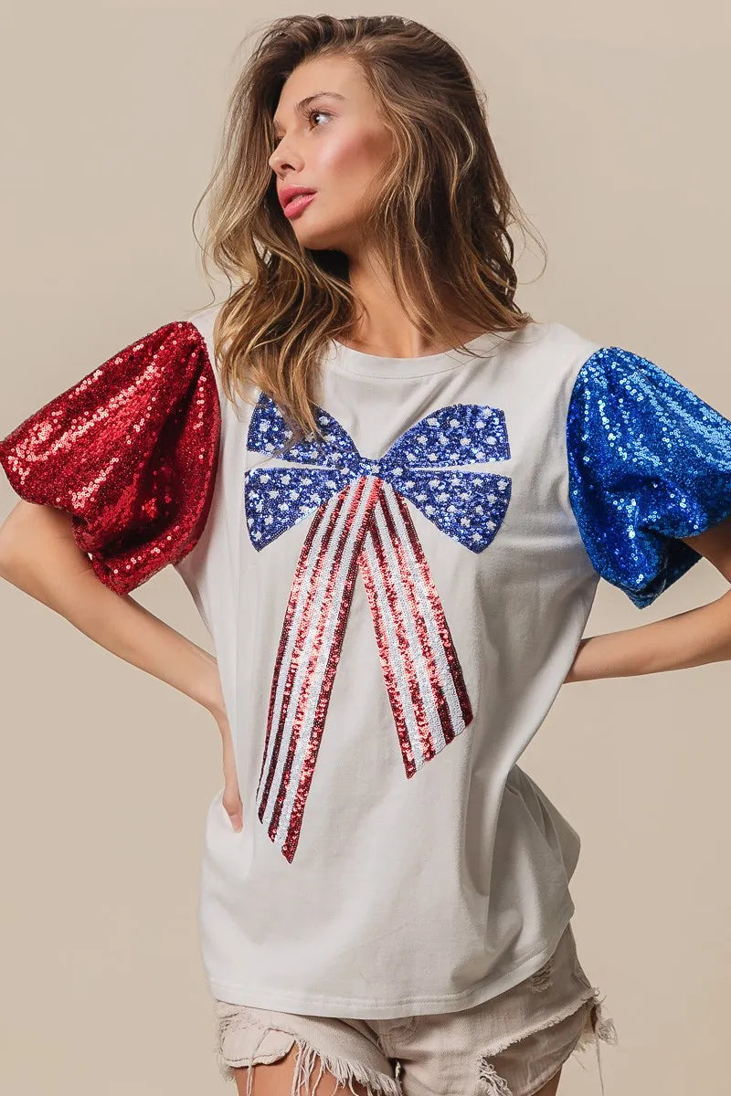 BiBi Cotton T-shirt Sequin American Flag Bow Top Short Puff Sleeve 870708983ac14dd8a07c9ac5ffa88e1b-Max-Origin Trendsi