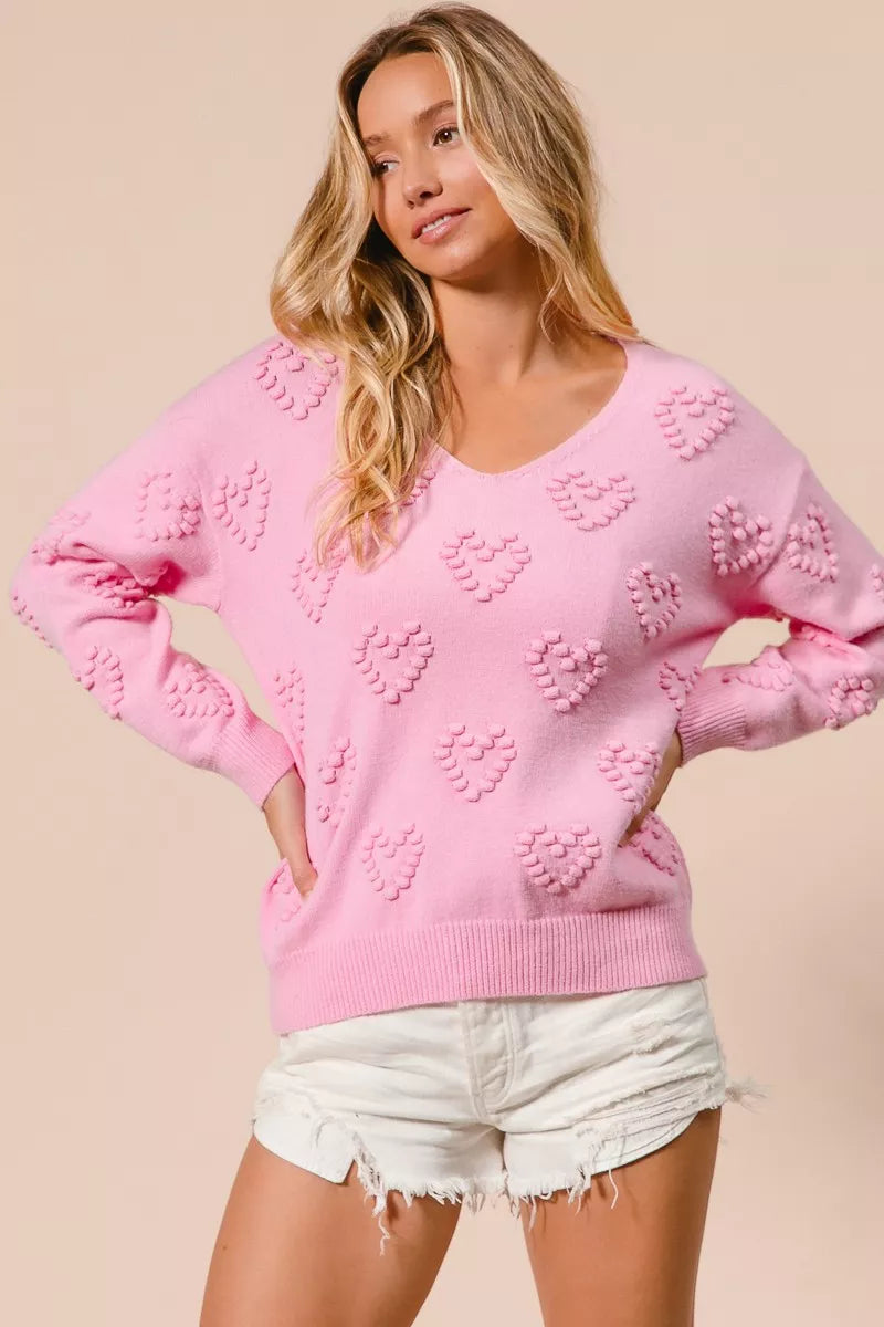 BiBi Women's Knit Top Pink Valentines Heart Pompom V Neck 8709b467521a471691edcdb5439365bd-Max-Origin Trendsi