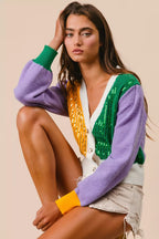 BiBi Sequin Sweater Cardigan Mardi Gras Color Block Buttoned Long Sleeve 8716bd98f5cf4796955e84b9a709bb79-Max-Origin Trendsi