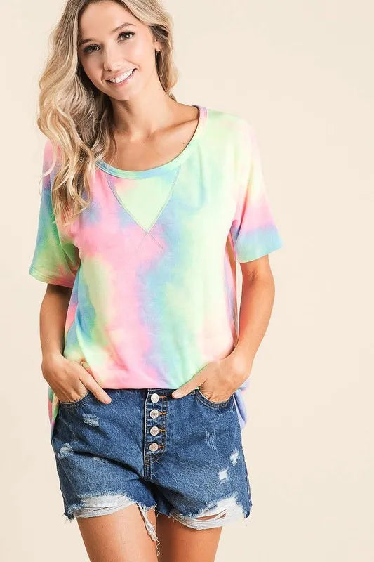 BiBi Women T-shirt Tie Dye Pastel Multi Color French Terry Print Top 87281686b20142689fe3a9f4a6cdde21-Max-Origin Trendsi