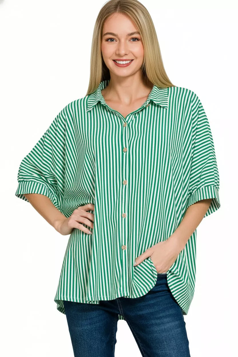 Zenana Women Shirt Green Stripe Oversized Short Sleeve Top 872ae0e0-c184-438e-b5b0-20e82ddda353-Max-Origin Trendsi