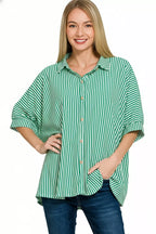 Zenana Women Shirt Green Stripe Oversized Short Sleeve Top 872ae0e0-c184-438e-b5b0-20e82ddda353-Max-Origin Trendsi