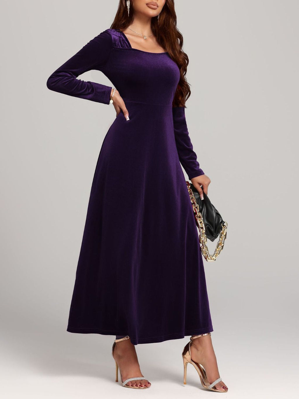 Velvet Midi Dress Square Neck Long Sleeve Women Solid Party Dress 872d94ad-f6c2-49ab-9d7e-b37416a2dbb5-Max Trendsi