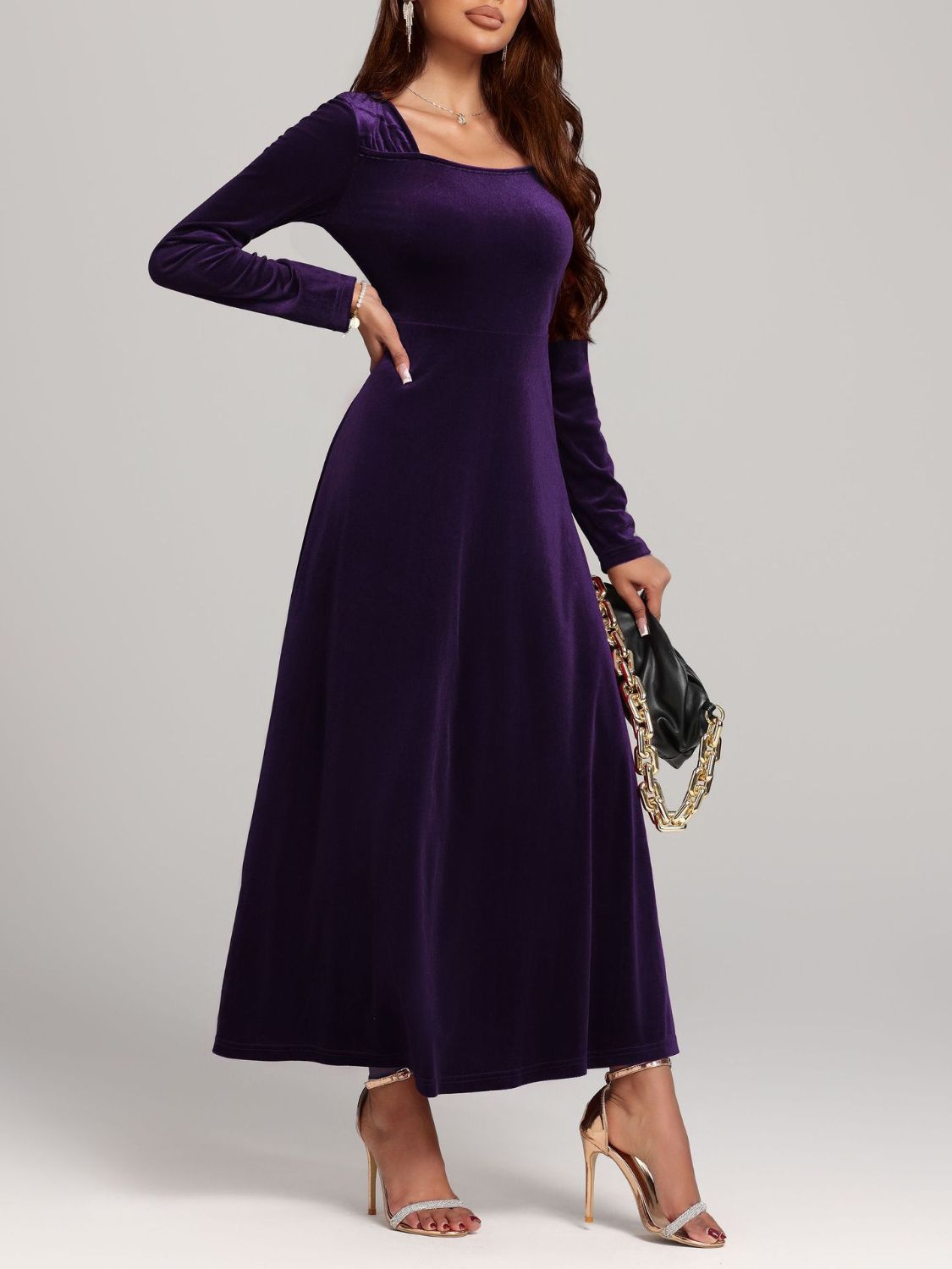 Velvet Midi Dress Square Neck Long Sleeve Women Solid Party Dress 872d94ad-f6c2-49ab-9d7e-b37416a2dbb5-Max Trendsi