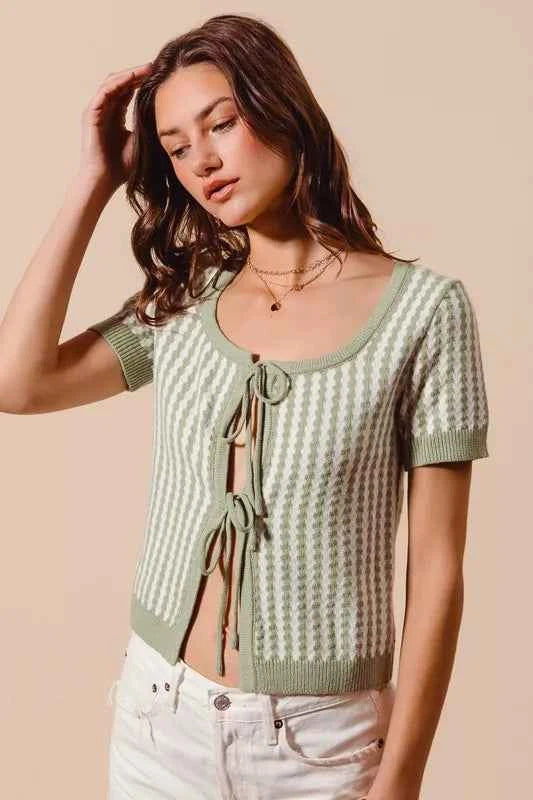 SO ME Knit Cardigan Sage Green Textured Vertical Stripe Tie Front 872f6d0e-9a6f-4729-a963-eed6ecfa2bff-Max-Origin Trendsi