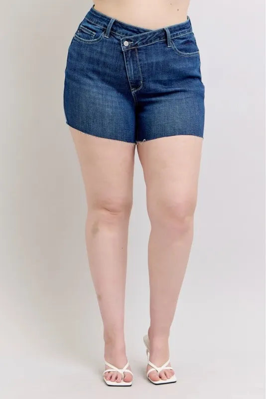 Judy Blue Denim Shorts Plus Size High Waist Criss-Cross Waistband Dark Blue 8731110b503147e285221b6b26f53078-Max-Origin Trendsi