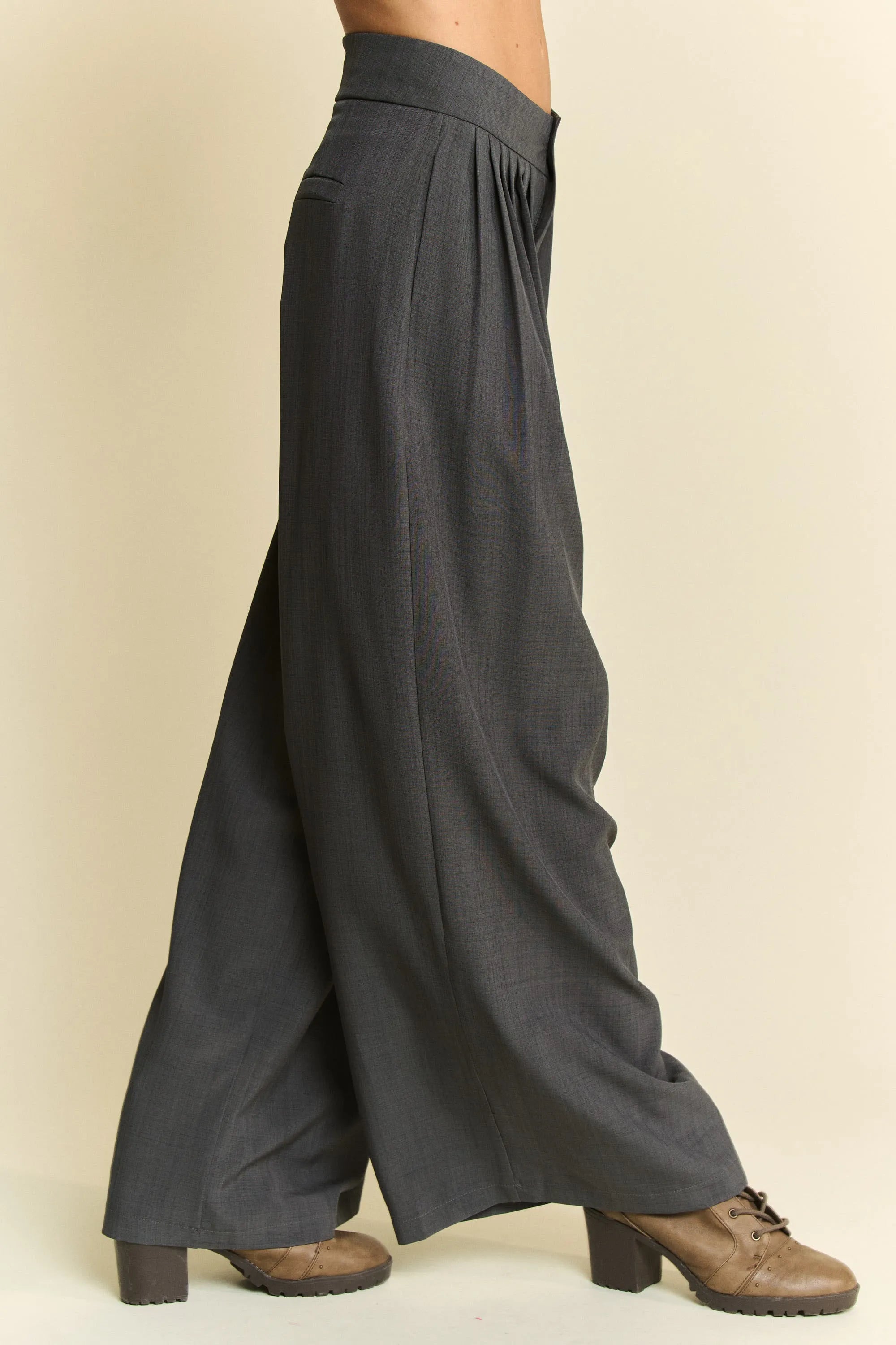 Davi & Dani Wide Leg Pants Gray Pleated High Waisted Loose Shirring Detail 873eb8d7d6a34d1996c7ce4f173e3727-Max-Origin Trendsi