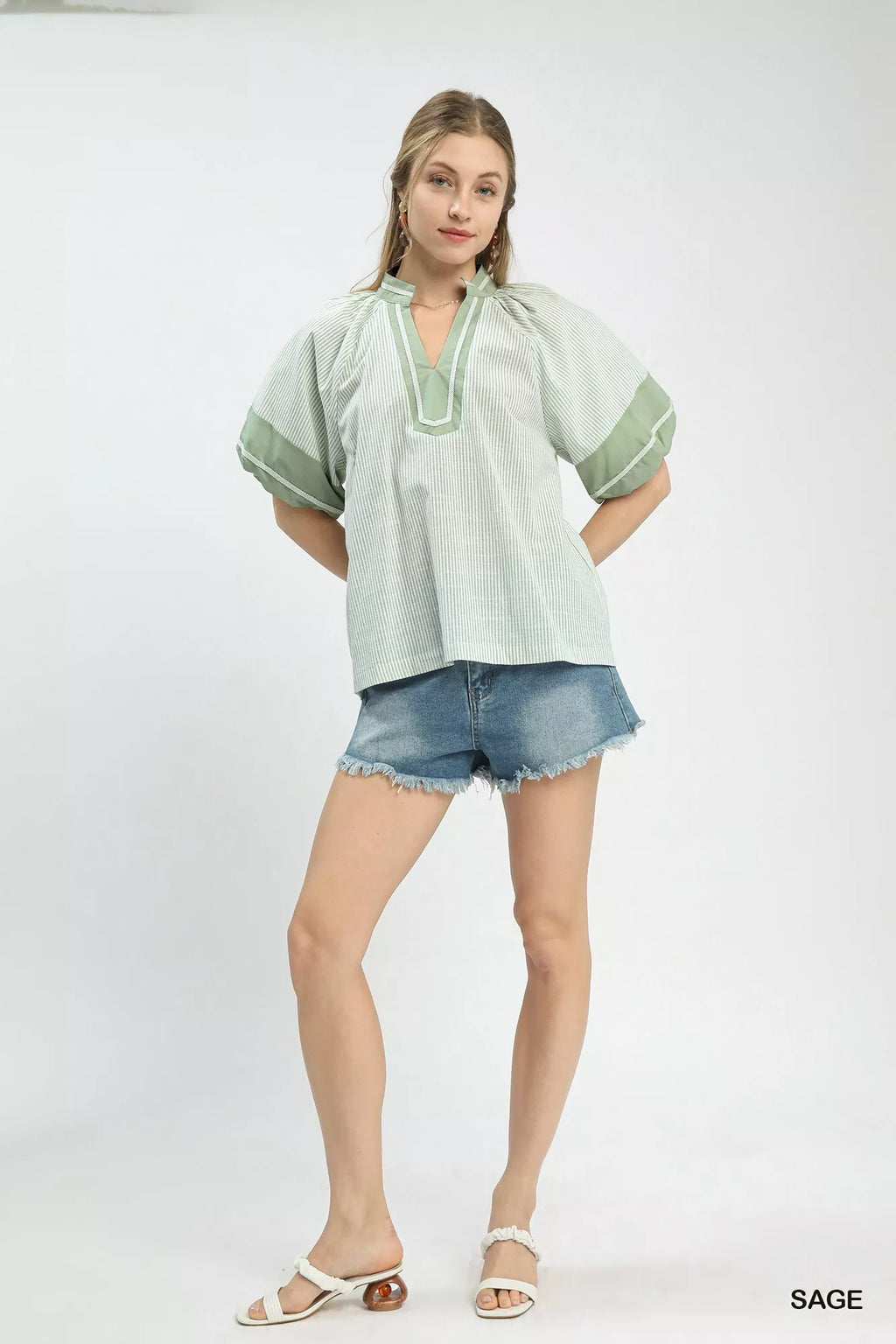 Umgee Blouse Striped Sage Green Mixed Puff Short Sleeve Top 8742d599-9a59-4e9f-b9bd-2ccbf201bfdc-Max-Origin Trendsi