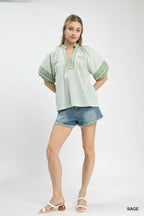 Umgee Blouse Striped Sage Green Mixed Puff Short Sleeve Top 8742d599-9a59-4e9f-b9bd-2ccbf201bfdc-Max-Origin Trendsi