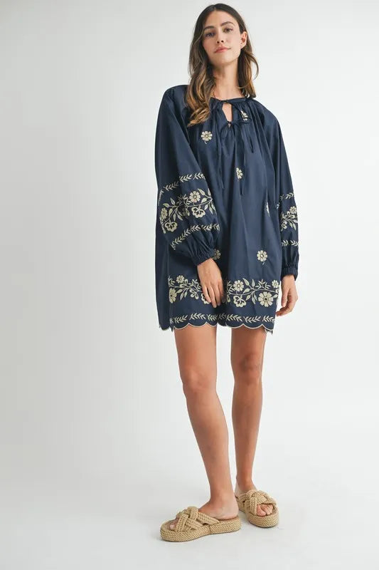 MABLE Mini Dress Navy Floral Embroidered Long Sleeve Peasant Tied 874bfcca385c47d88d070827fabdc377-Max-Origin Trendsi