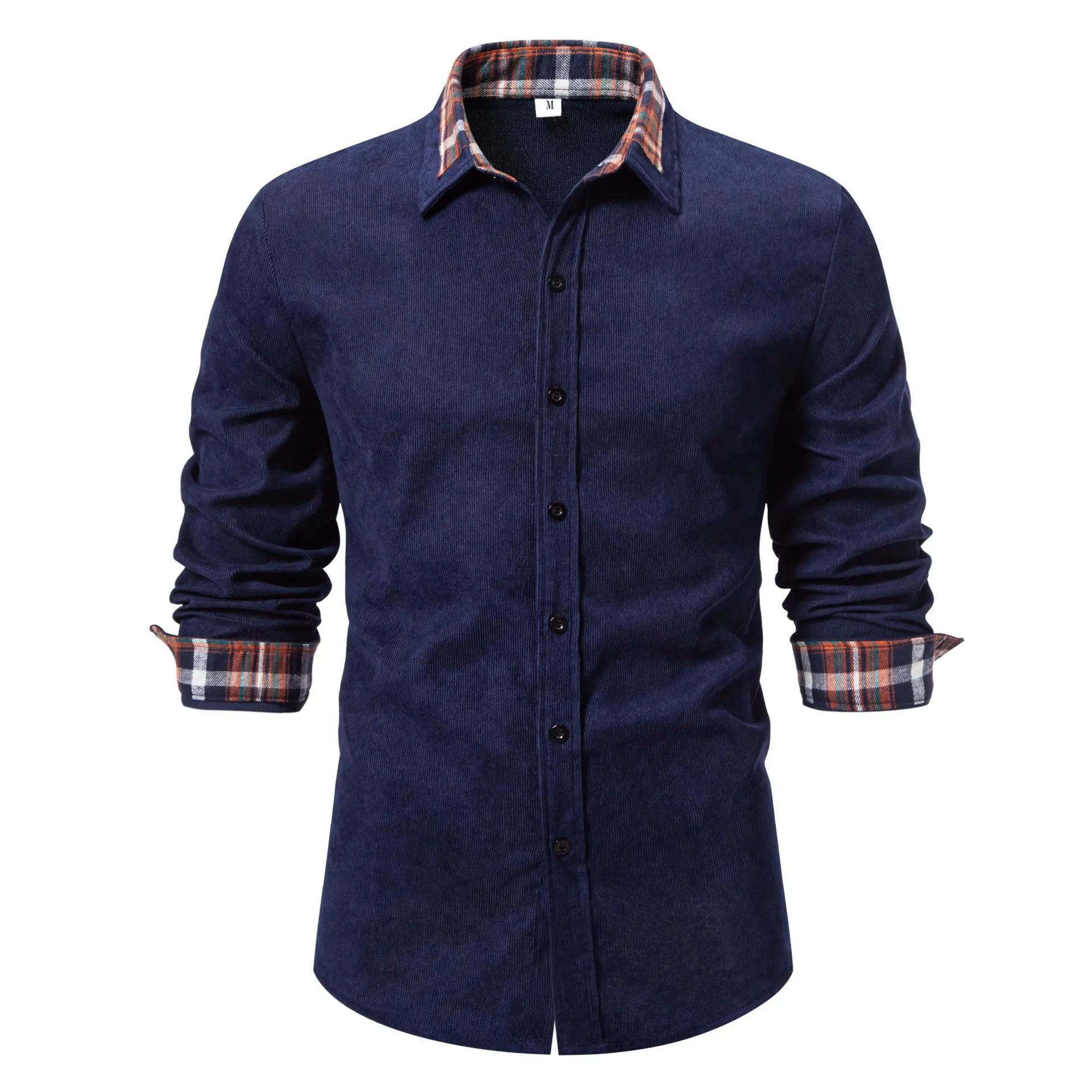 Men's Casual Shirt Cotton Navy Blue Long Sleeve with Plaid Contrast Details Navy Blue 875282269293482fbcbc7787e1d8b246-Max-Origin Trendsi