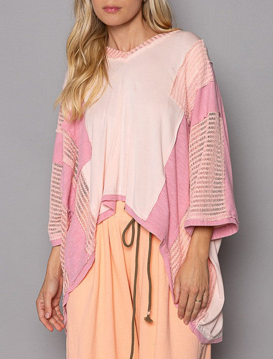 POL V Neck Blouse Blush Pink High-Low Contrast Long Sleeve Openwork Tops Blush Pink 87613e29-4e8c-4c83-ab8b-88d9073418c8-Max Trendsi
