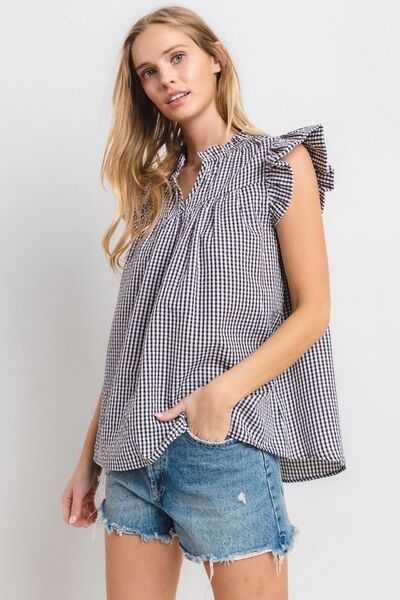 Ces Femme Plaid Blouse Notched Ruffled Cap Short Sleeve 87638f47-497a-47fa-a89c-b6a9536fd693-Min Trendsi