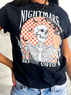 Halloween Skull Women's T-shirt Black Checkerboard Graphic Round Neck Tee 8764844ff2774effb5200400195eef4f-Max-Origin Trendsi