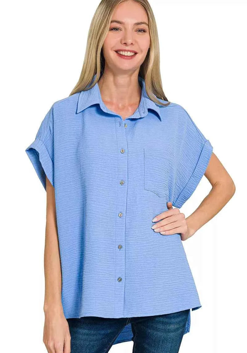 Zenana Women Shirt Blue Woven Airflow Short Sleeve Top CORNFLOWER BLUE 8765107fcc3d4ec3a107dbd68023700d-Max-Origin Trendsi